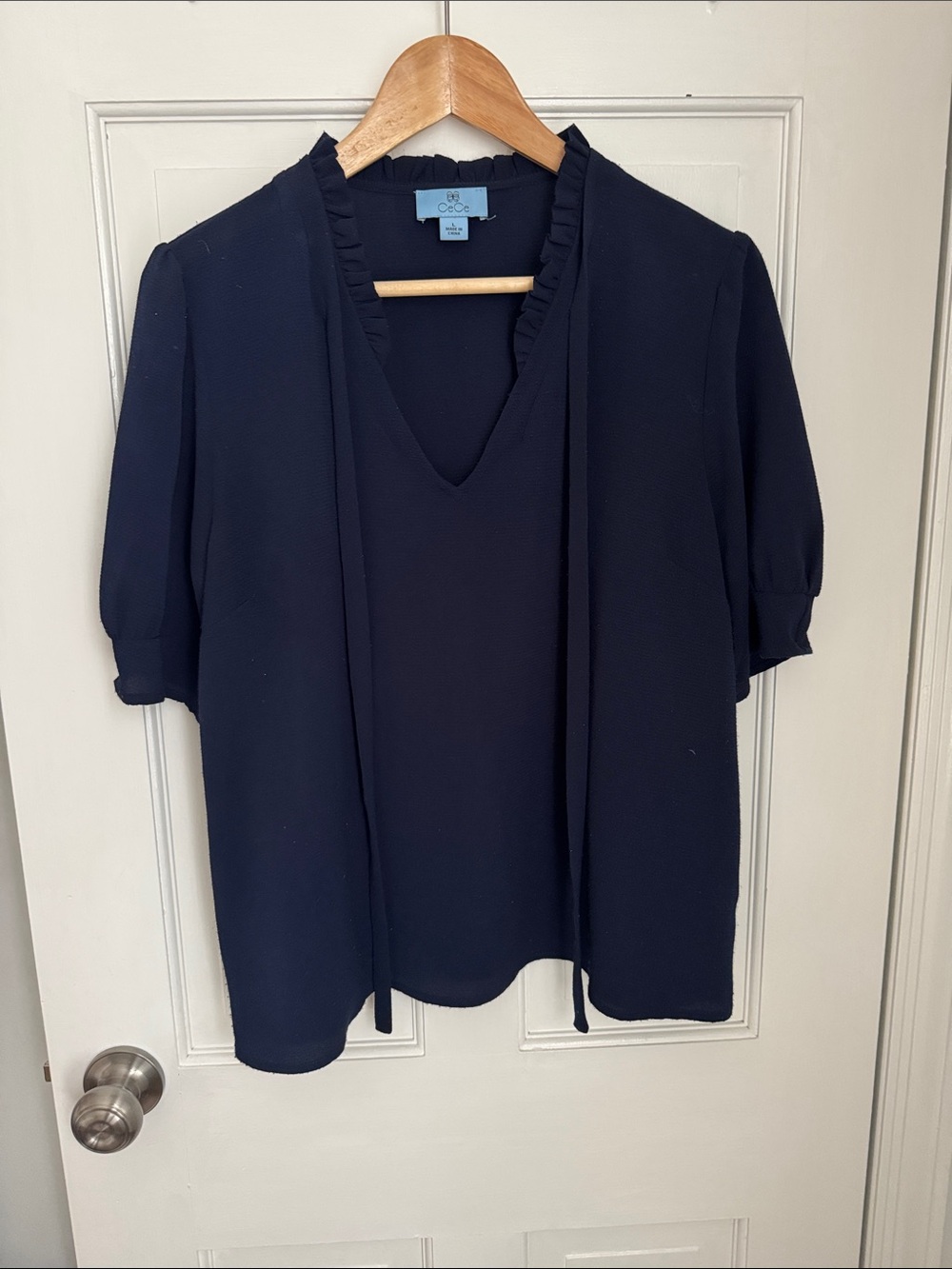 CeCe Navy Ruffle-Trim V-Neck Blouse with Front Tie